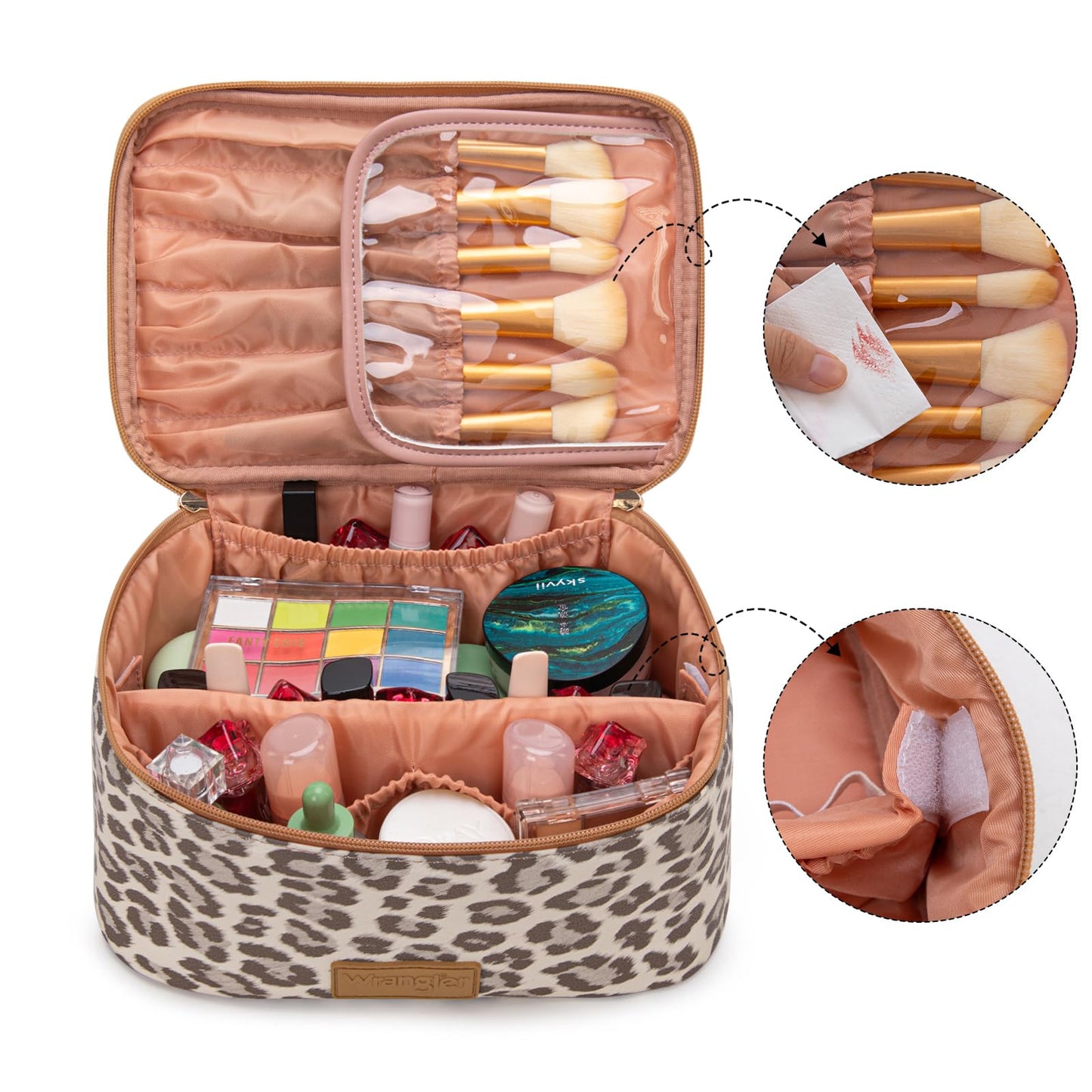 Montana West X Wrangler Travel Makeup Bag 2pcs Set Large Cosmetic Bag with Makeup Brush Holder Portable Make Up Organizer Cute Toiletry Bag with Divider and Handle for Women Leopard
