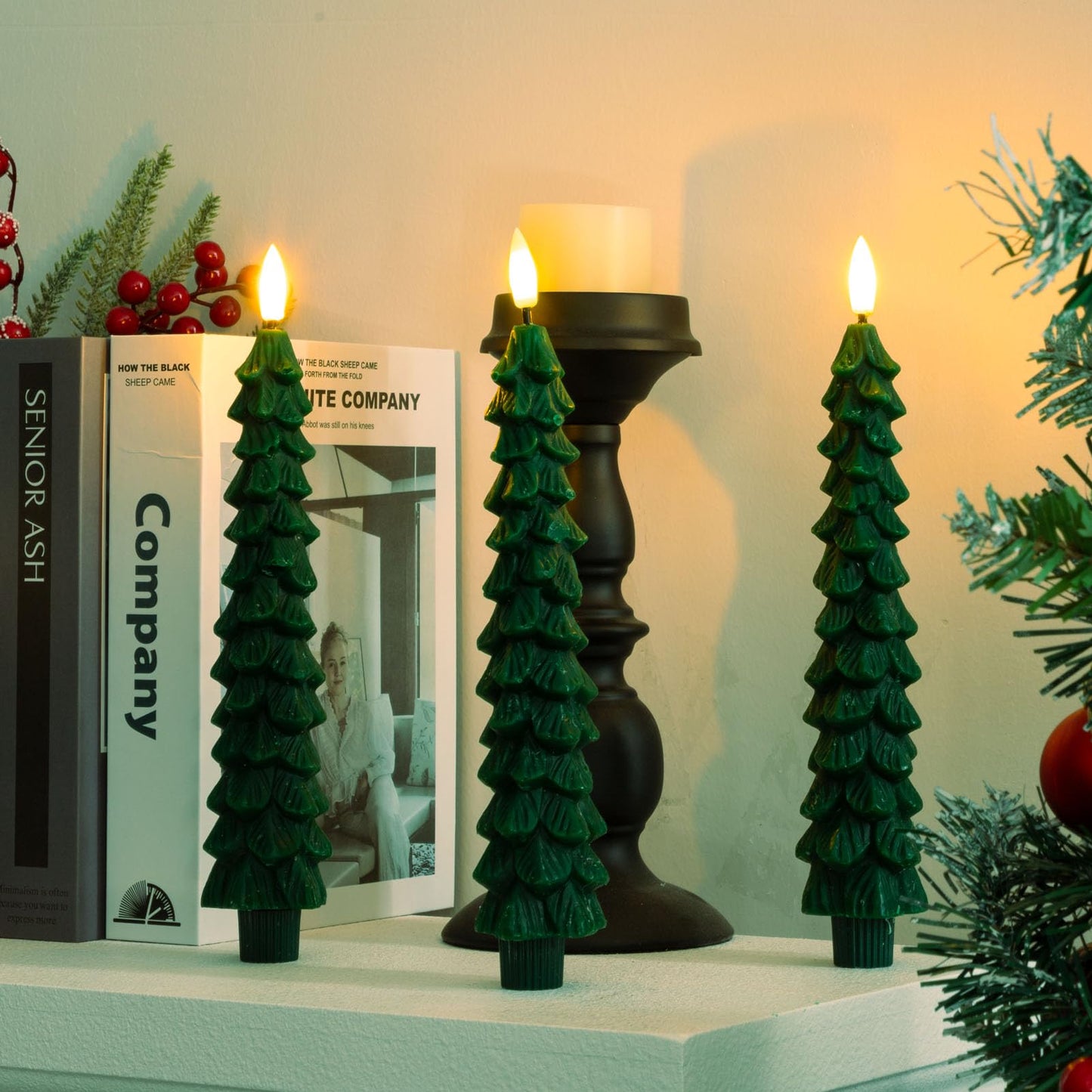 KDVOG 3Pcs Christmas Tree Candles with Remote, Real Wax Flameless Taper Candles,LED Candlesticks Window Candlelights with 3D Flickering Flame for Xmas New Year Home Decorations Gifts 9.7 in