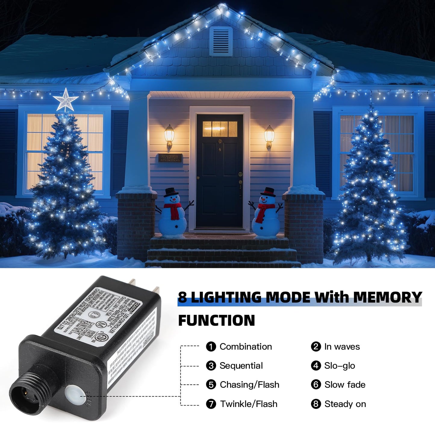 XTF2015 Christmas String Lights, 105ft 300 LED Christmas Lights 8 Modes Memory Function & Timer- UL Certified - Outdoor Indoor Christma s Fairy Lights for Tree, Garden, Party, Wedding(Blue + White)