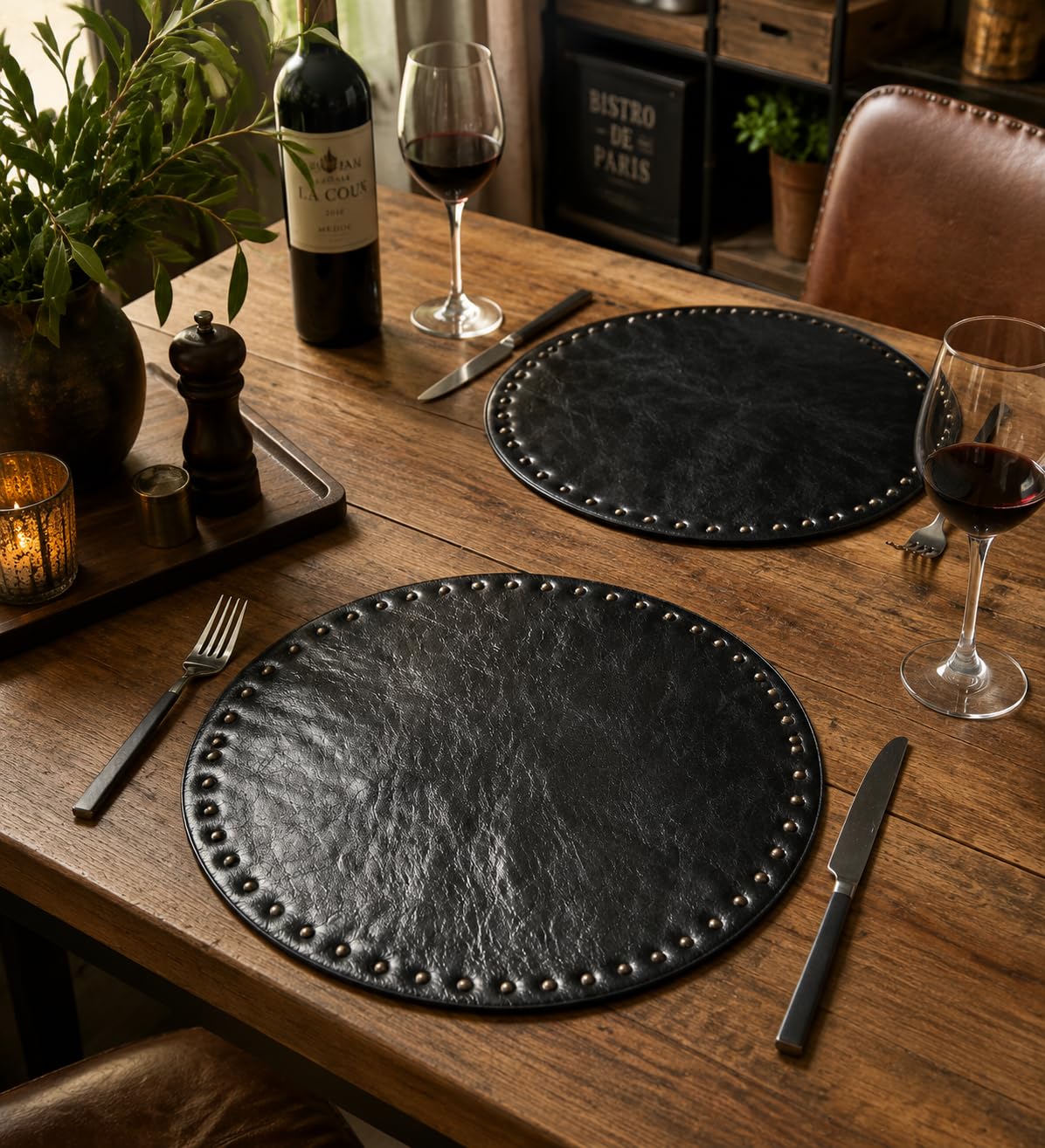 FAVE Black Faux Leather Placemats 13.78Inches Round Placemat Set of 2 Heat Resistant Place Mats for Kitchen Table Wipeable Fall Placemats Table Mats with Rivets High Texture Placemat (Black)