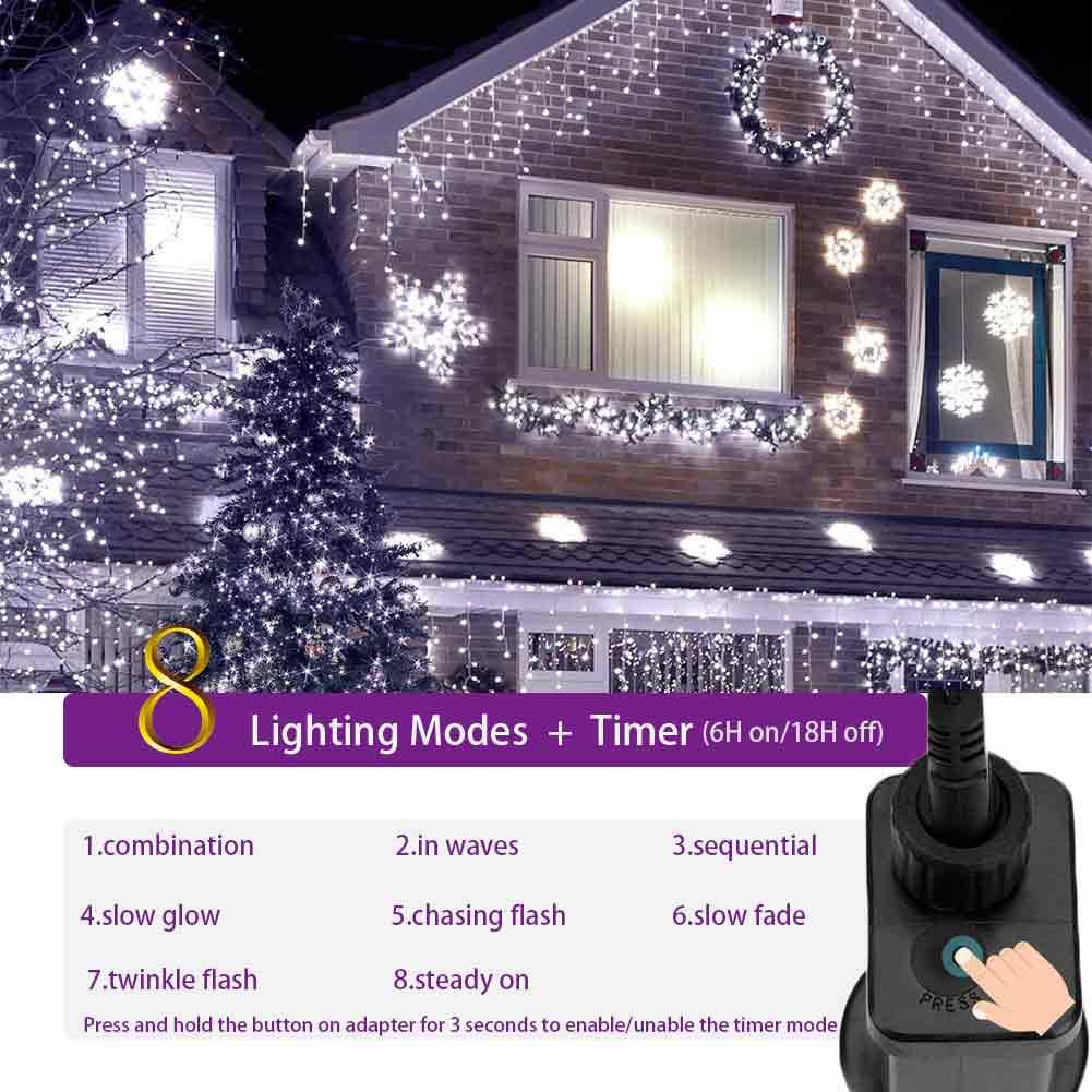 YASENN Icicle Lights 100LED 9.9Ft,8 Lighting Modes String Lights,Icicle Style Lights with Timer,Connectable Fairy Lights Plug in for Wall Eave Roof Porch Garden Christmas Decoration(Cool White)