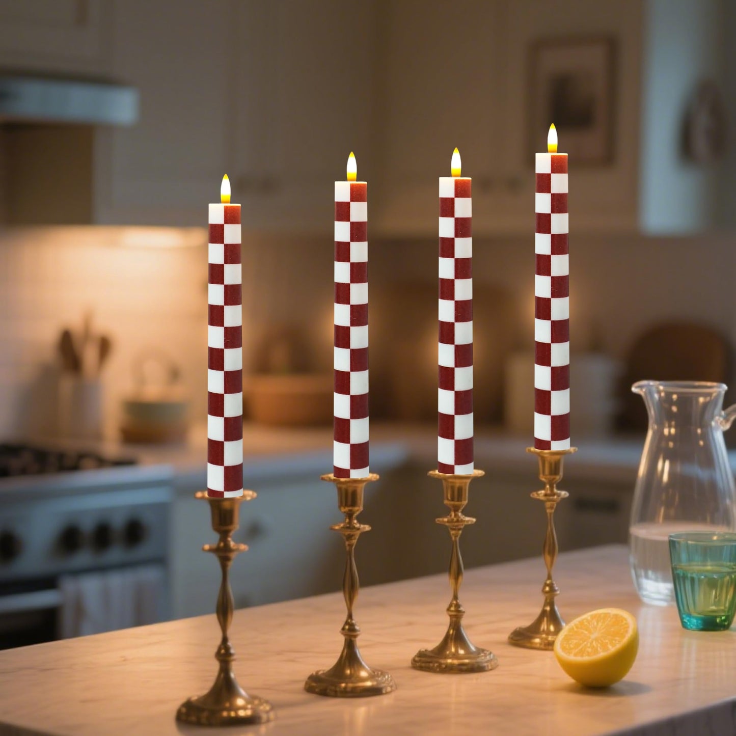 SEUCRWAX 10 Inch Flameless Taper Candles,LED Candlesticks Battery Operated with 10-Key Remote and Timer,4p Flame Lights for Wedding Decoration Party(Chessboard)
