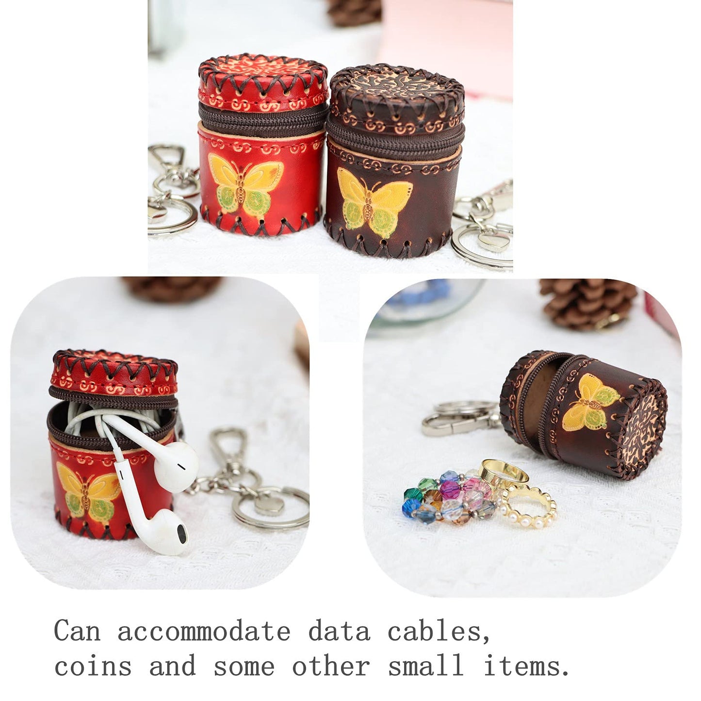 Fanyixuan Handmade mini leather bucket bag pendant jewelry box jewelry classification storage box change storage bag personalized bag pendant(brown)
