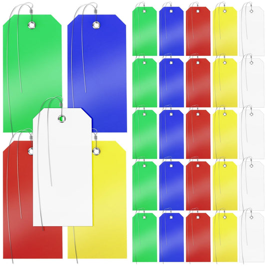 100 Pcs Plastic Tags with Wire for Labeling, 5 Colors Hanging Shipping Tags Bulk, Blank Waterproof Tag with Metal Eyelet and String for Inventory, Luggage, Outdoor Moving, Garage, 4 3/4" x 2 3/8"