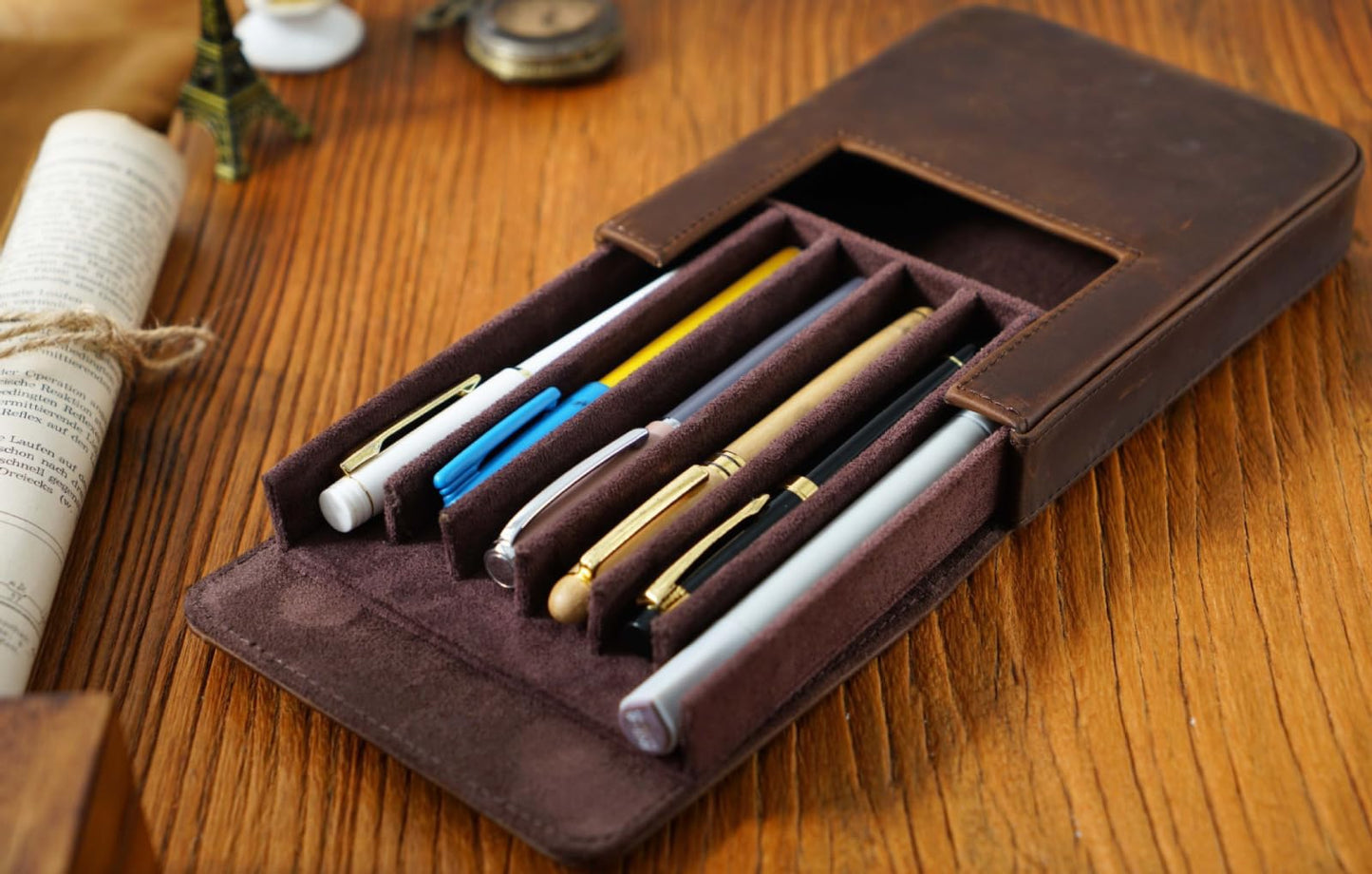 UPRESYE Leather Fountain Pen Case Collector Organizer,Pencil Case Handmade Pen Protective Sleeve (Magnetic 6 slots)