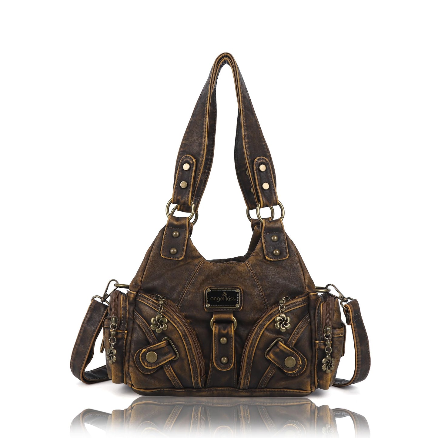 Angel Kiss Purses for Women Small Hobo Shoulder Bags Vagen Leather Multi-Pocket Tote Bag with Zipper (Retro Brown)