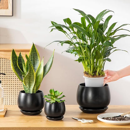 vancasso 3-Pack Ceramic Plant Pots, 3.7/4.8/6.2 Inch Indoor Planters with Saucers & Drainage Hole Planter pots for Indoor Plants and Flower, Black