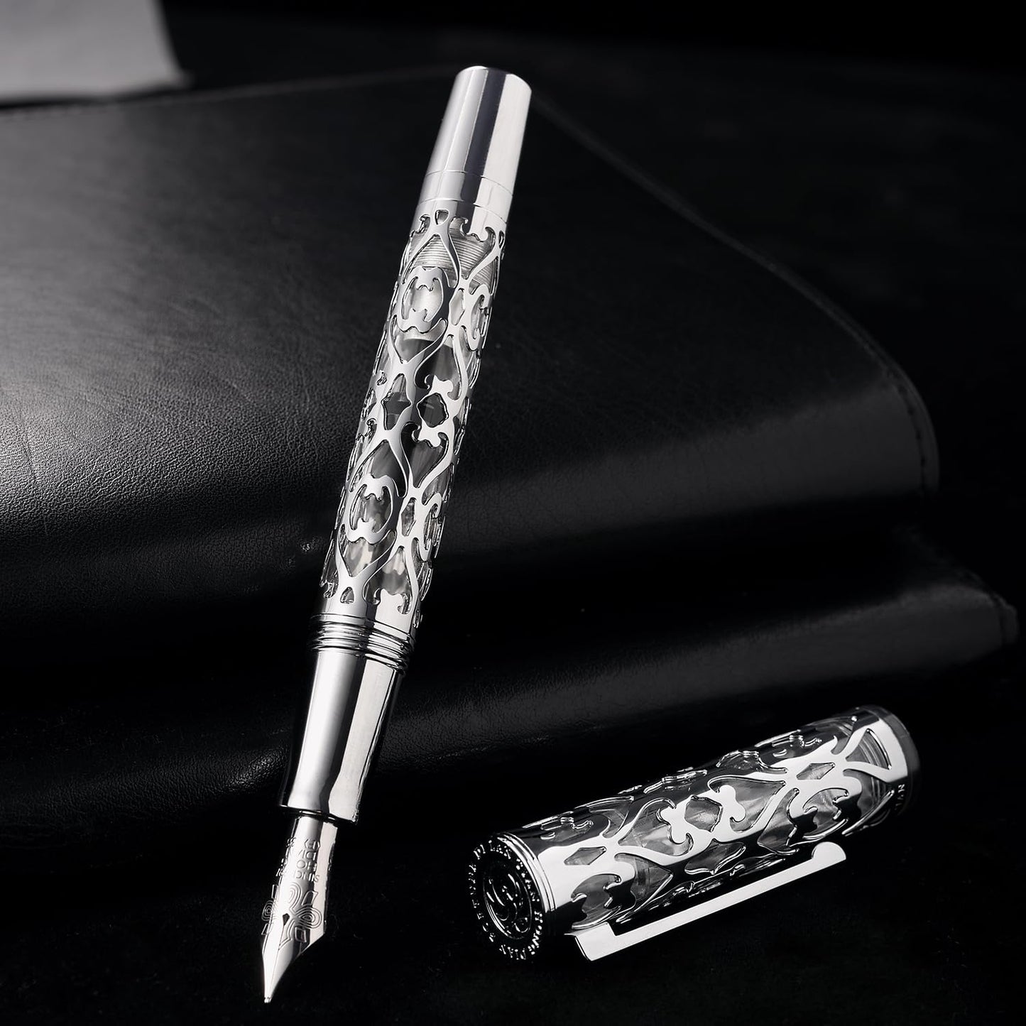 HONG DIAN D1 Piston Fountain Pen Fine Nib, Hollow Skeleton & Resin with Metal Case Set (Silver)
