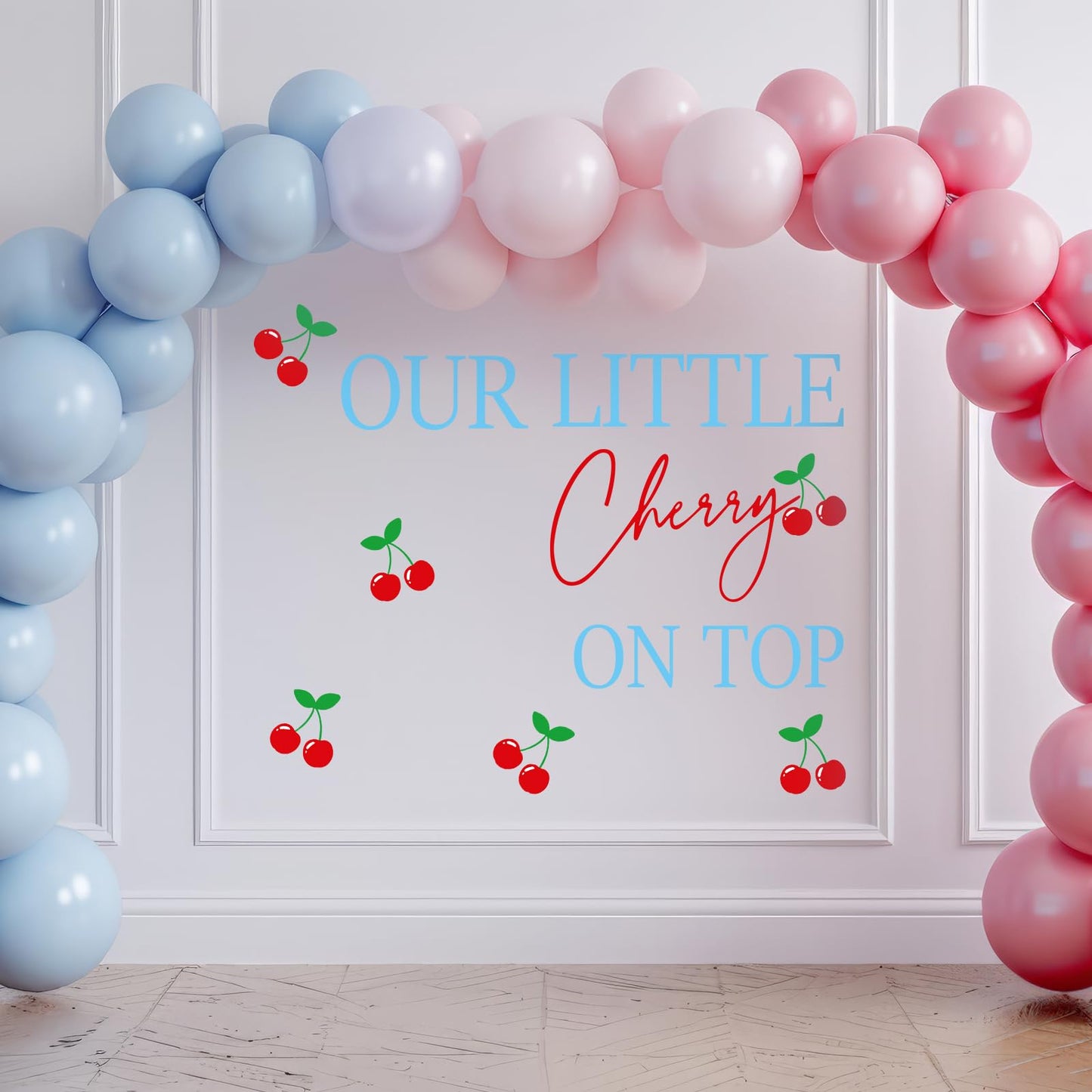 FYSUIMU Our Little Cherry On Top Decal Cherries Backdrop Decorations Party Stickers Red Blue Welcome Sign Decal for Balloon Arch Wedding Baby Shower Birthday