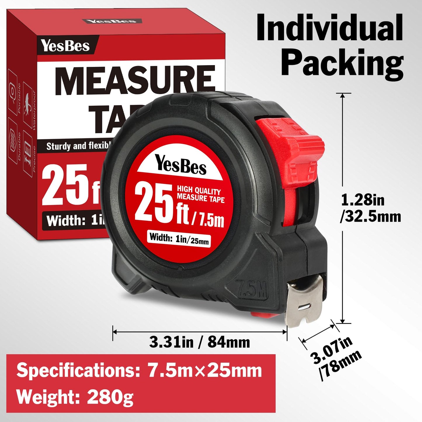 Tape Measure 25 ft, 5 Pack Bulk Easy Read Measurement Tape, Self-Locking Measuring Tape Retractable 1-Inch Wide x 25 ft