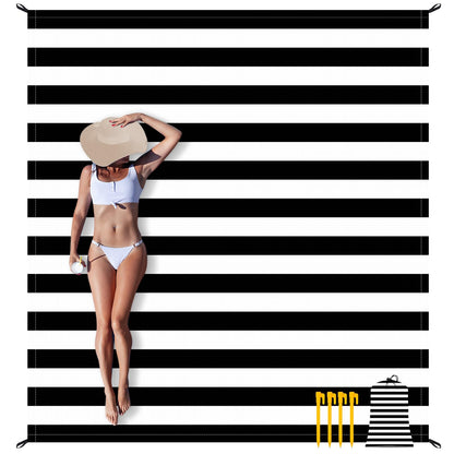 Waterproof Sandproof Beach Blanket, 78''×86'' Large Outdoor Picnic Blanket for 4 Adults, Compact Beach Mat Sand Free for Travel, Camping, Beach Accessories Essentials for Vacation-Black & White Stripe