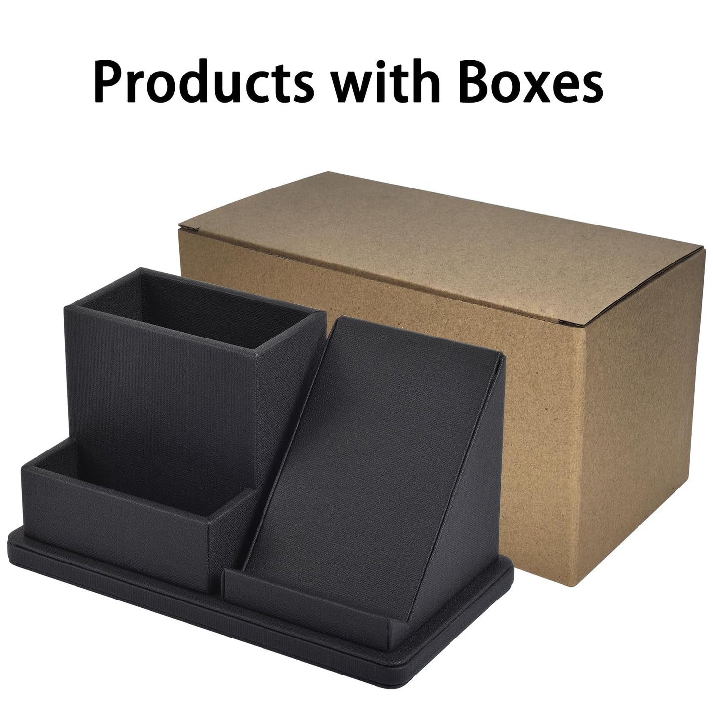 XNONE Pu Leather Desk Pen/Pencil Organizer Multi-Function Cell Phone/Remote Control Storage Box with 3 Compartments Office Supplies Sticky Note Tray Business Cards Holder,Black
