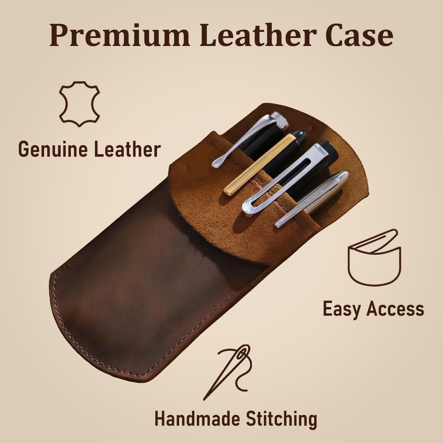 Yeedonzo Leather Pen Case Holder, Handmade Crazy Horse Pen Protector for Fountain Pens, Pen Holder, Pencil Case, Pen Pouch Genuine Leather (Brown, 4 Pen)