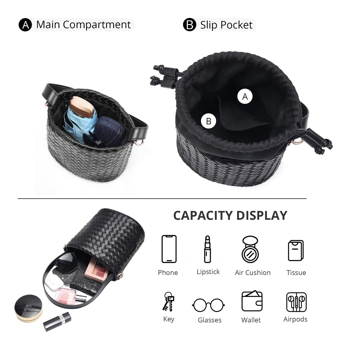 Sumrains Woven Crossbody Bag for Women: Classic Handwoven Small Bucket Bag - Effortless Minimalist & Compact for Daily Wear (Black)