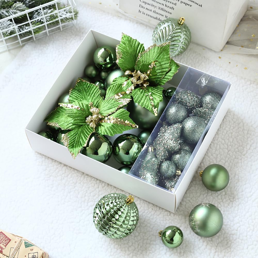 Christmas Ornaments Set, 48ct Green Shatterproof Christmas Tree Decorations Ball Large Glitter Christmas Flowers Hanging Ornament，for Xmas Trees Decor Indoor Home Holiday Party