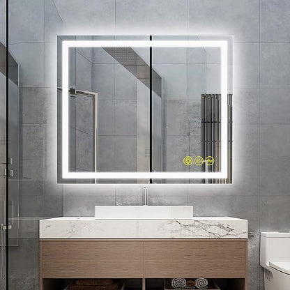 Wall-Mounted LED Square Bathroom Mirror, Makeup Mirror (36 inches x 24 inches,) 3 Color Stepless Dimmable Memory Bathroom Vanity Mirror with Lights CRI90+ 3000-6400K Smart Mirror with Touch