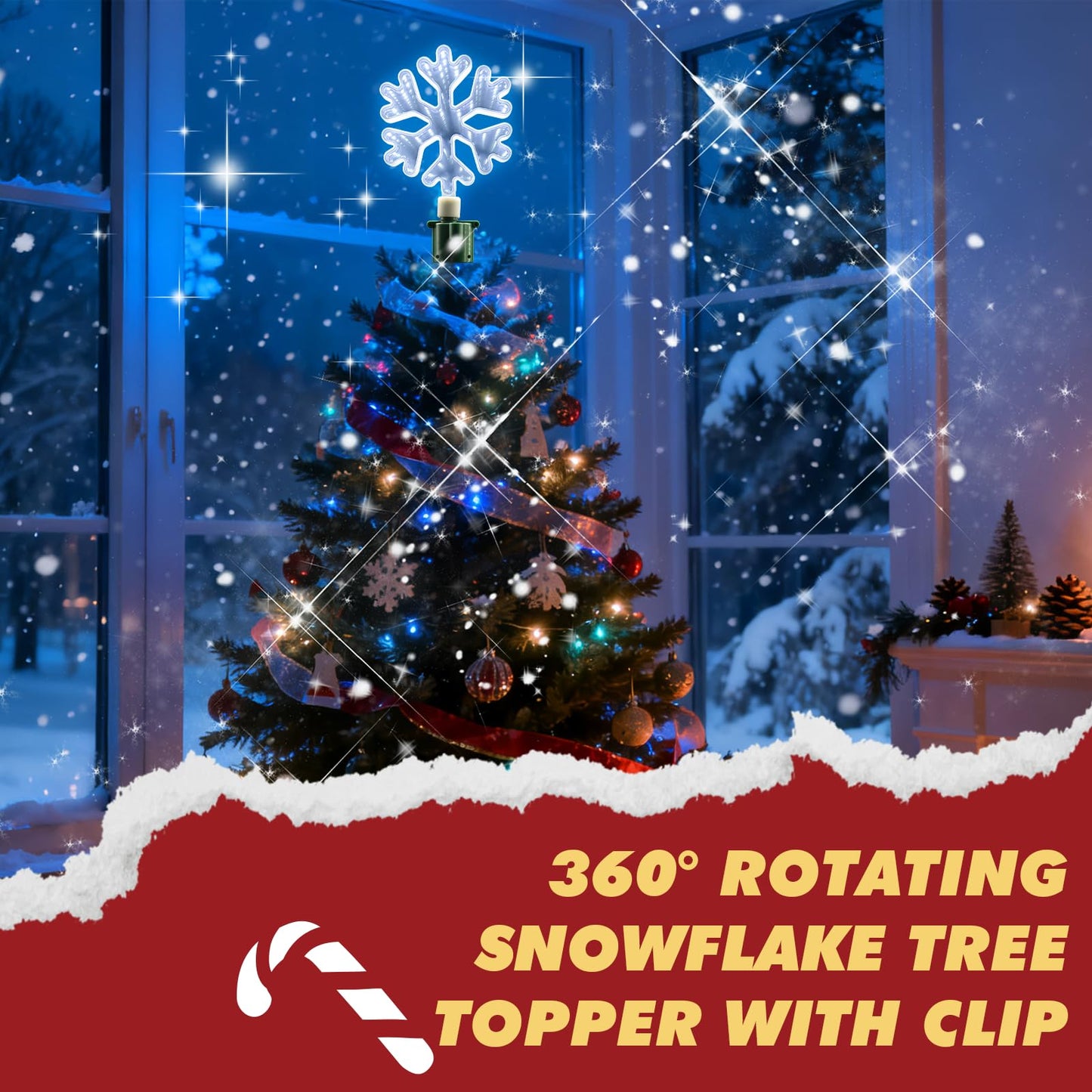 Christmas Tree Topper Lighted with White LED Lights, 360° Rotating Snowflake Tree Topper Ornament with Clip, Infinity Mirror Tree Topper Snowflake for Xmas Party Holiday Christmas Decorations