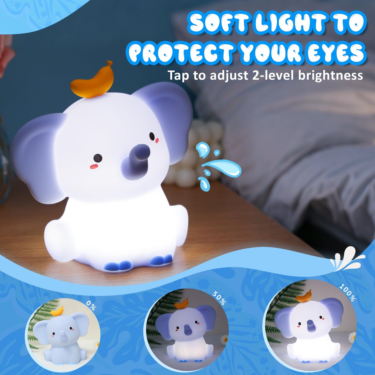 Ammonite Blue Elephant Night Light, Soft Silicone Elephant Nursery Lamp with 2 Dimming Levels and 20-Minute Timer, Touch Control Nightlight for Bedroom Decor, Christmas Birthday Gift