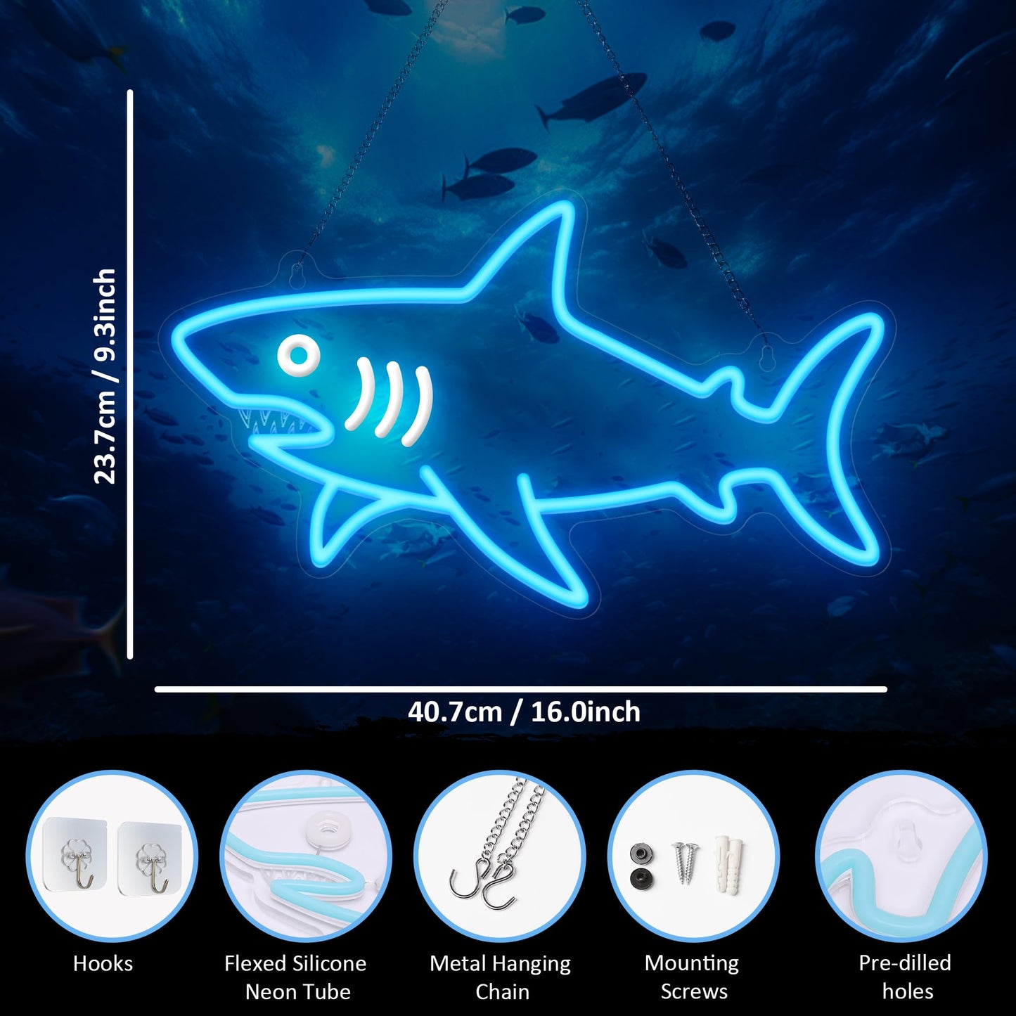 CoolGift Mart Shark Neon Sign, Dimmable LED Shark Light Animal Wall Decor, Christmas Gift White Elephant Gifts for Boys Men, Bedroom Living Room Man Cave Home Decoration With USB Powered