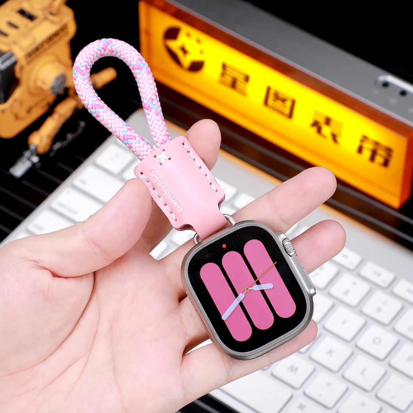 pamovolio leather braided short paracord for apple watch fob keychain clip pocket watch ultra49mm series123456789se10s11 46/44/45/42/41/38mm chain watch band key Holder Ring49