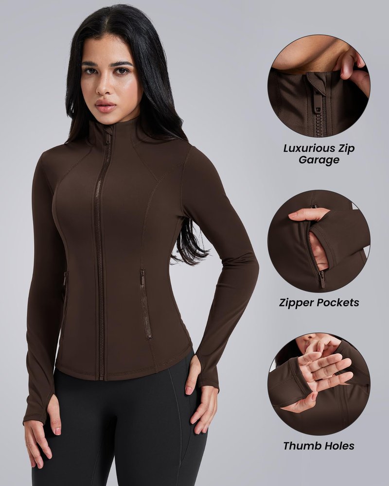 AVGO Womens Workout Jackets Lightweight Athletic Zip Up Jacket Slim Fit Running Gym Top with Pockets & Thumb Holes(Roasted Brown, XL)