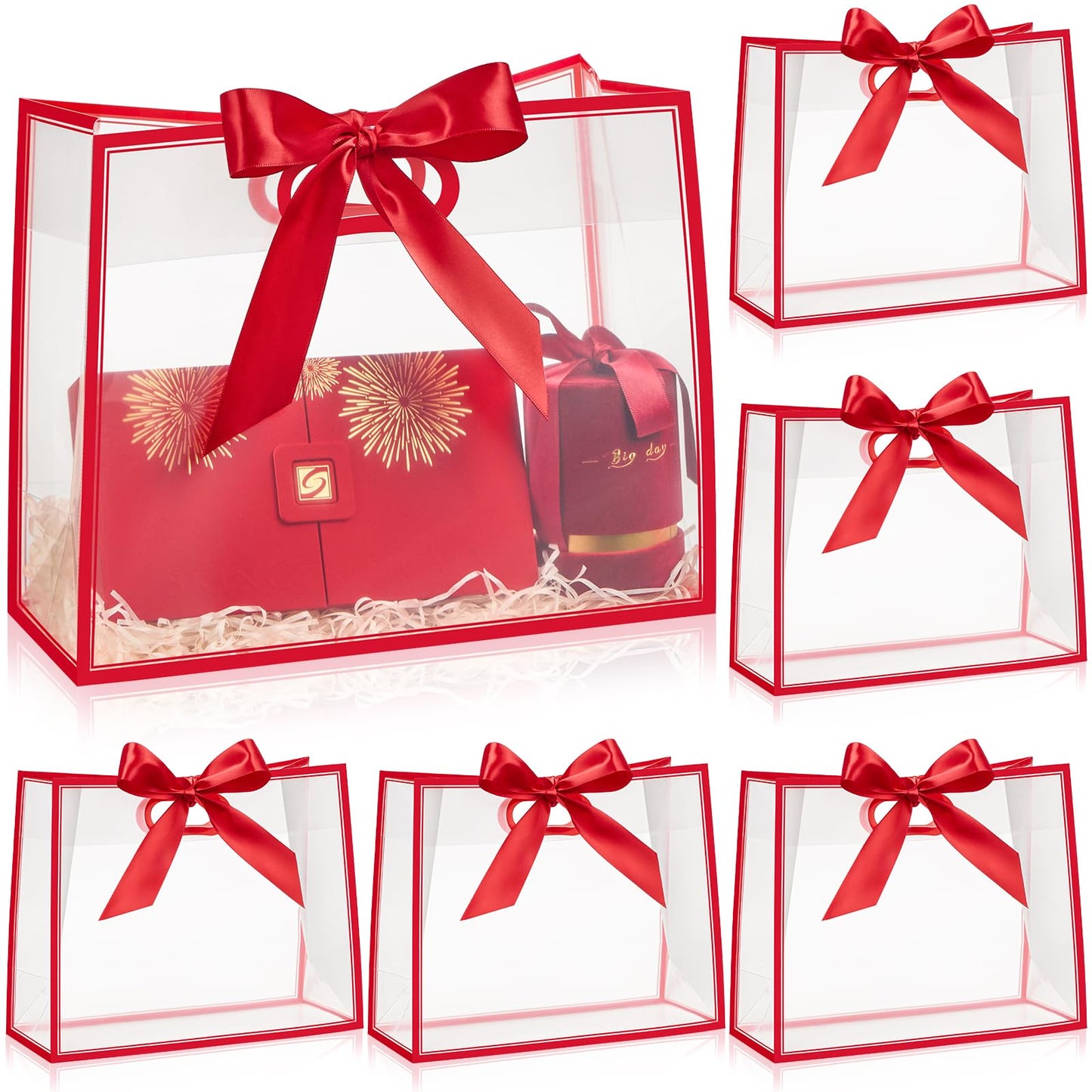 Ohuimrt Clear Plastic Gift Bags with Handles, 12 Pack, Red