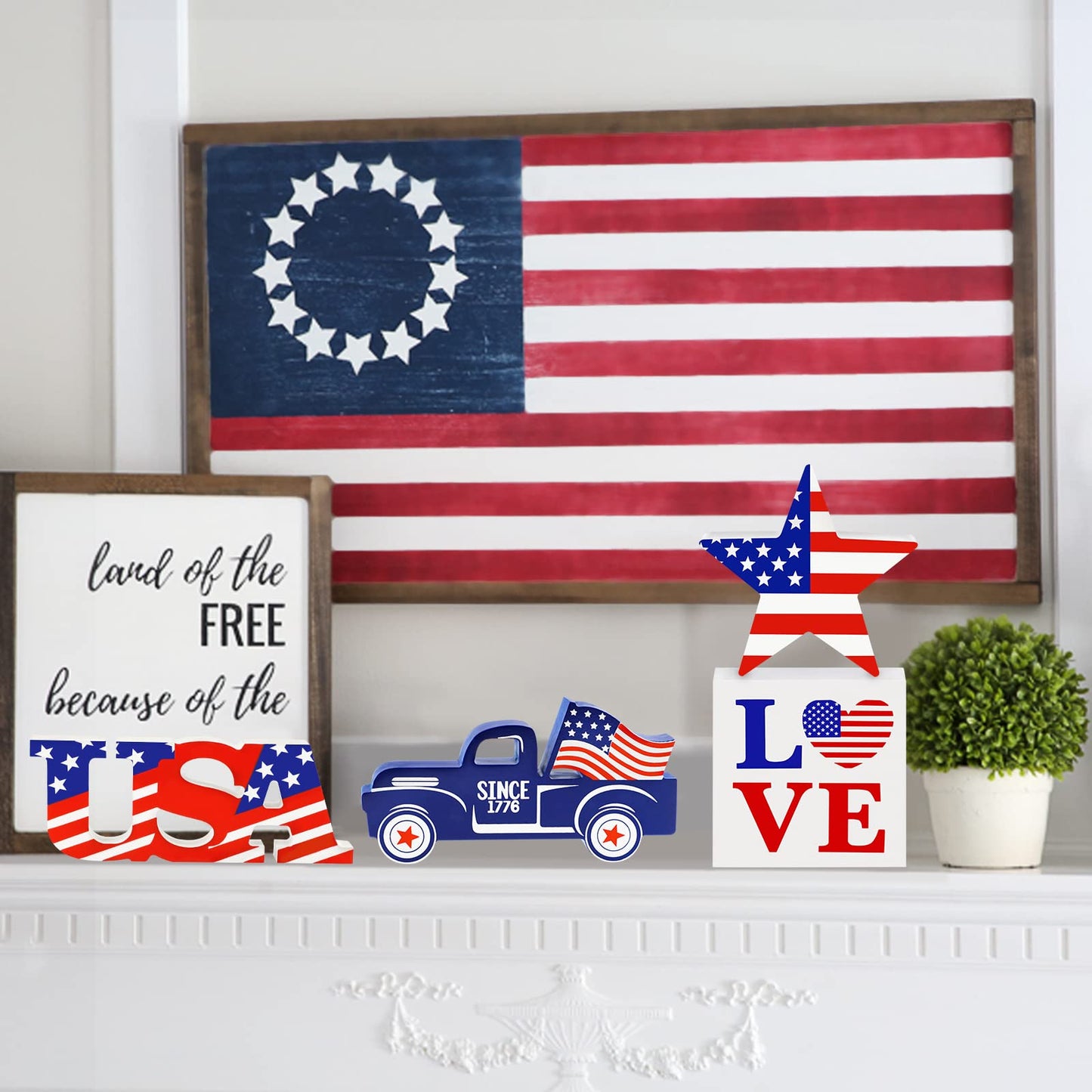 4th of July Decor Patriotic Decorations 4Pcs Wooden Star USA LOVE Car Sign Fourth of July Table Decorations Memorial Day Red White and Blue Decor