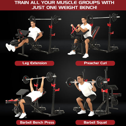 OPPSDECOR 900LBS Weight Bench Set with Squat Rack Preacher Curl Weight Bench with Leg Extension Bench Press Set Workout Bench for Home Gym Full Body Workout
