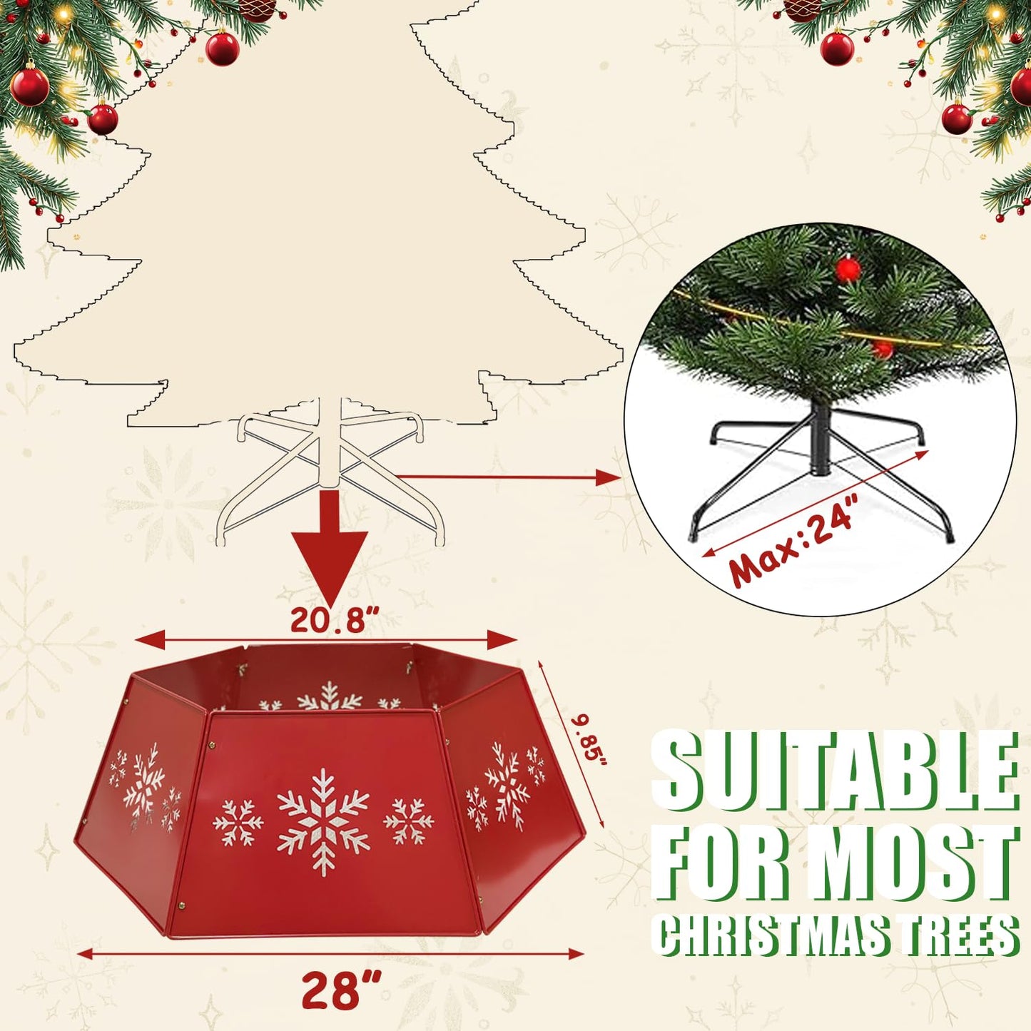 WKHOMEDECO 28" Christmas Tree Collar for Pencil Tree, Metal Tree Collar with Hollow-Out Snowflake Design, Pet-Proof Christmas Tree Collars for Artificial Trees, Secure & Reusable Holiday Decor (Red)