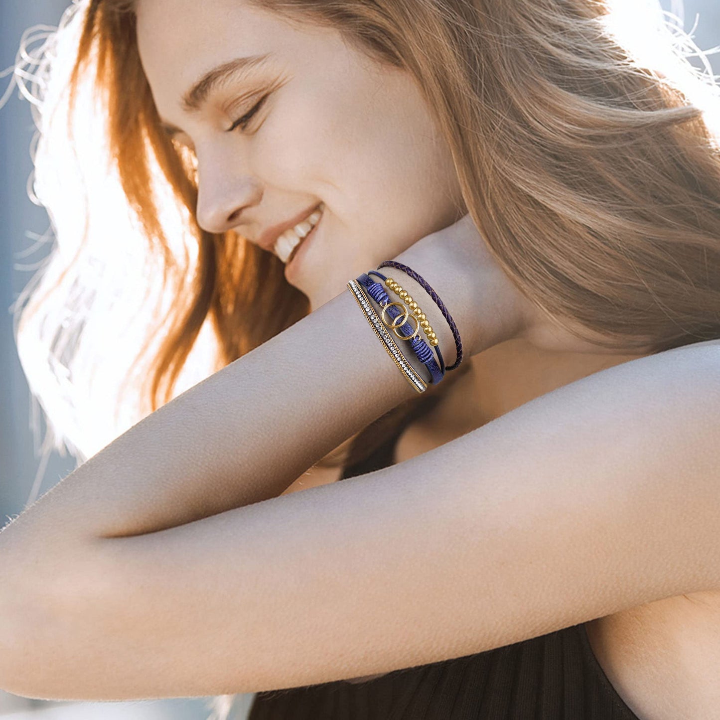 Btysun Best Friend Birthday Gifts for Women, Blue Leather Bracelets for Women Inspirational Boho Gift for Her Wrap Bracelet for Sister Daughter Christmas Stocking Stuffers Jewelry