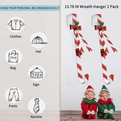 WKHOMEDECO 2 Pack Candy Cane Wreath Hangers for Front Door,Christmas Decoration Metal Over The Door Wreath Hanger Ornament,Door Wreath Hanger