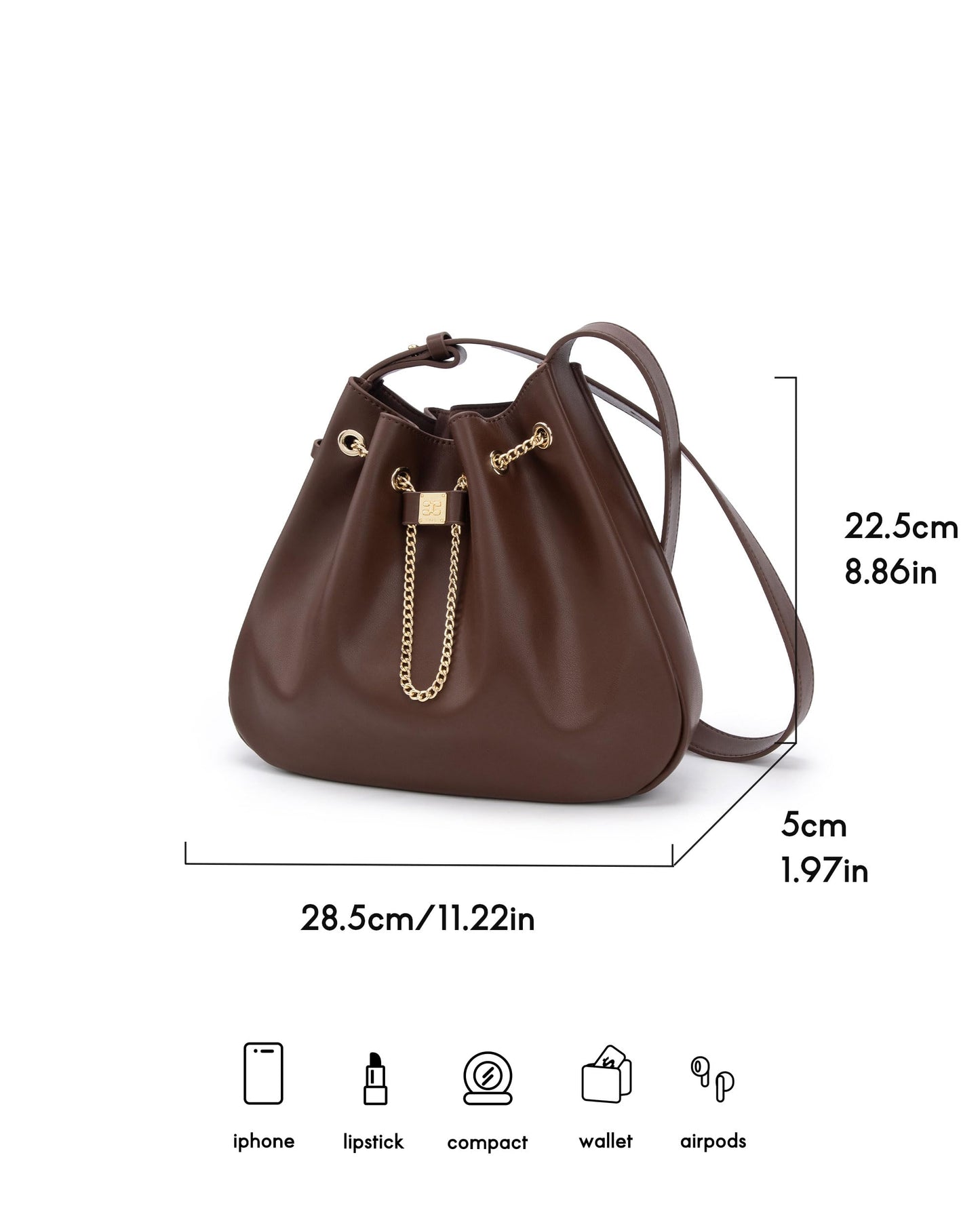 ELLE Purses for Women Genuine Leather Bucket Bag Chain Drawstring