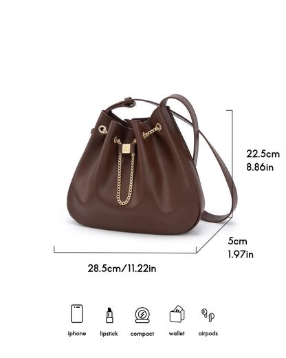 ELLE Purses for Women Genuine Leather Bucket Bag Chain Drawstring