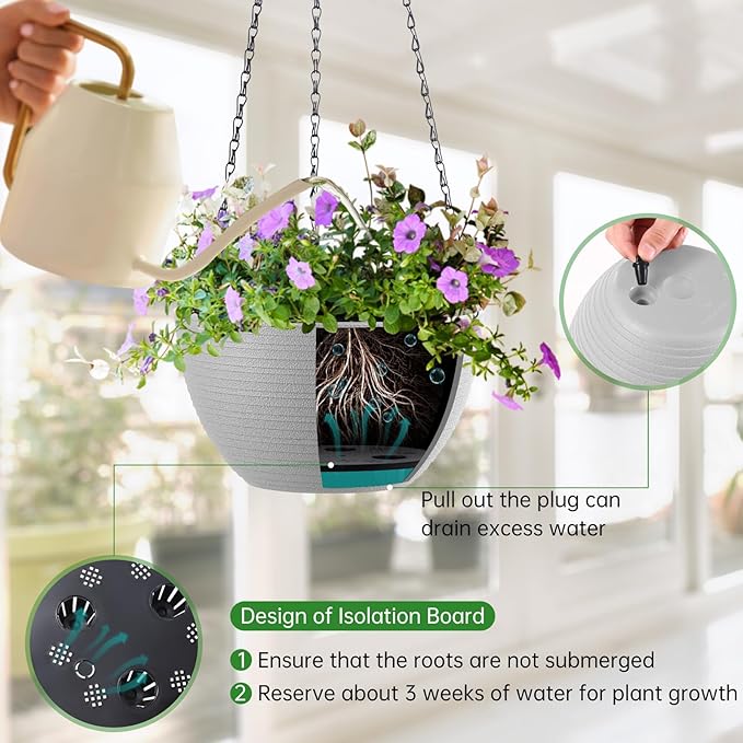 Set of 2 8 Inch Self Watering Hanging Planters for Indoor Outdoor Plants, Light Textured Hanging Baskets Flower Pots with Drainage Hole & Plug and 20" Chain Hanger
