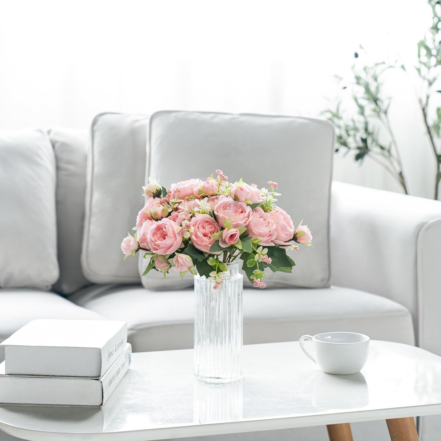 Mkono Peonies Artificial Flowers, Small Silk Flowers for Home Decor Indoor Fake Bouquet Faux Floral Arrangements Dining Table Centerpieces for Kitchen Bridal Wedding Party Decor Pink