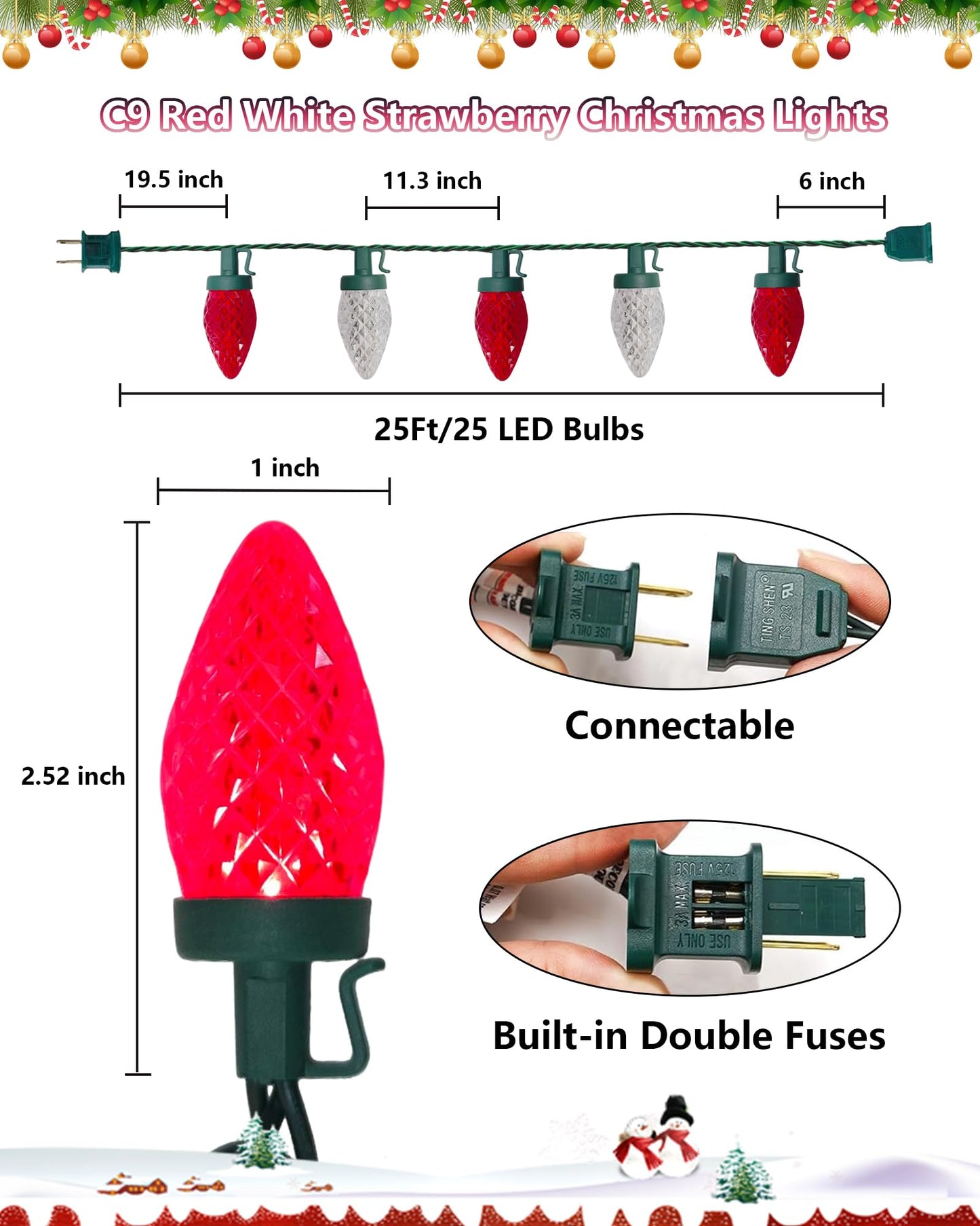 C9 Red White Christmas Lights Outdoor, 25Ft LED Strawberry Xmas Light 25 LED Shatterproof Bulb Lights, Plug in C9 Christmas String Light Connectable for Outside Indoor Home Porch Tree Xmas Decor