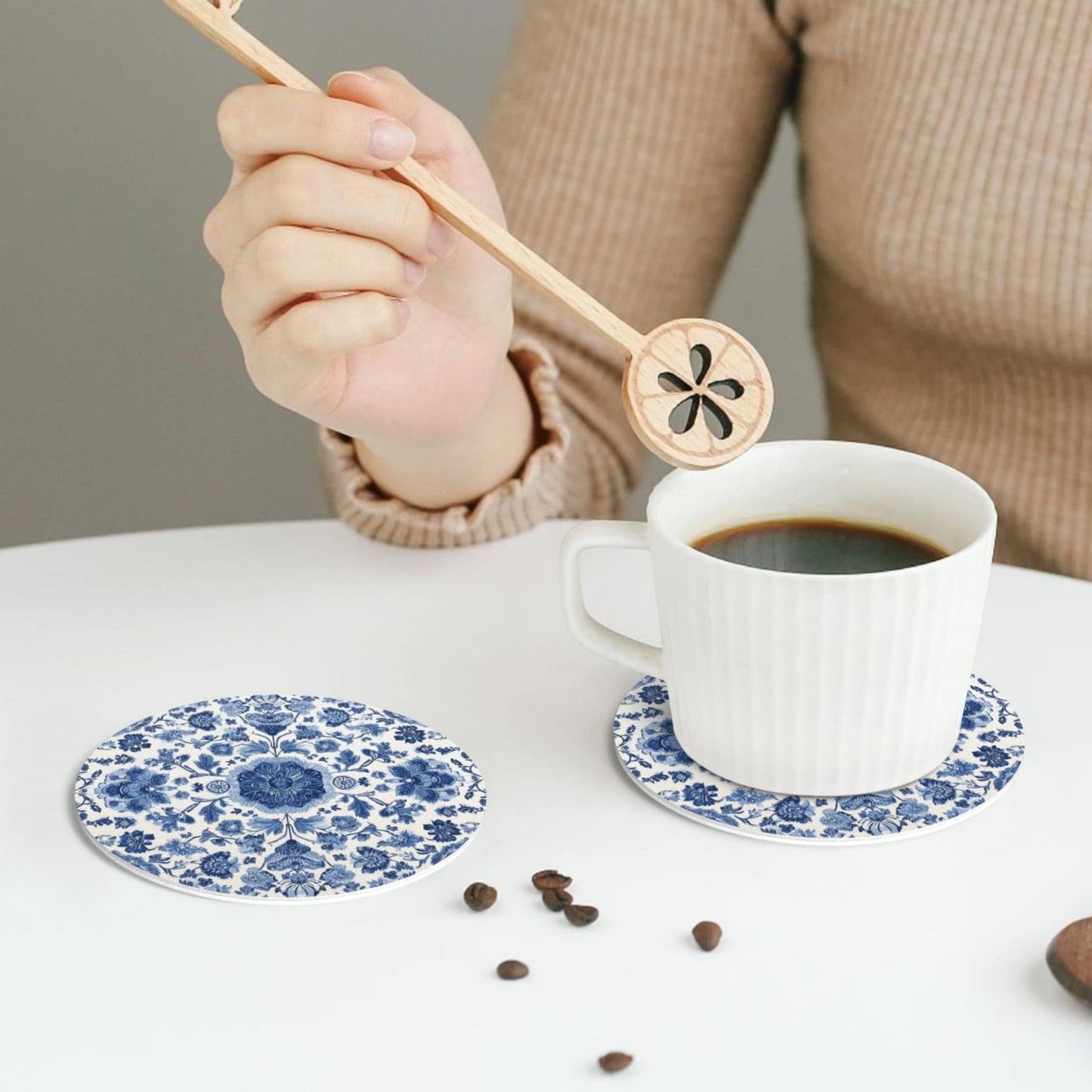 White Blue Pattern Coasters for Drinks Absorbent Leather Coasters Set of 6 for Coffee Table Cup Bar Desk Round Coaster Mats Holiday New Home Decors