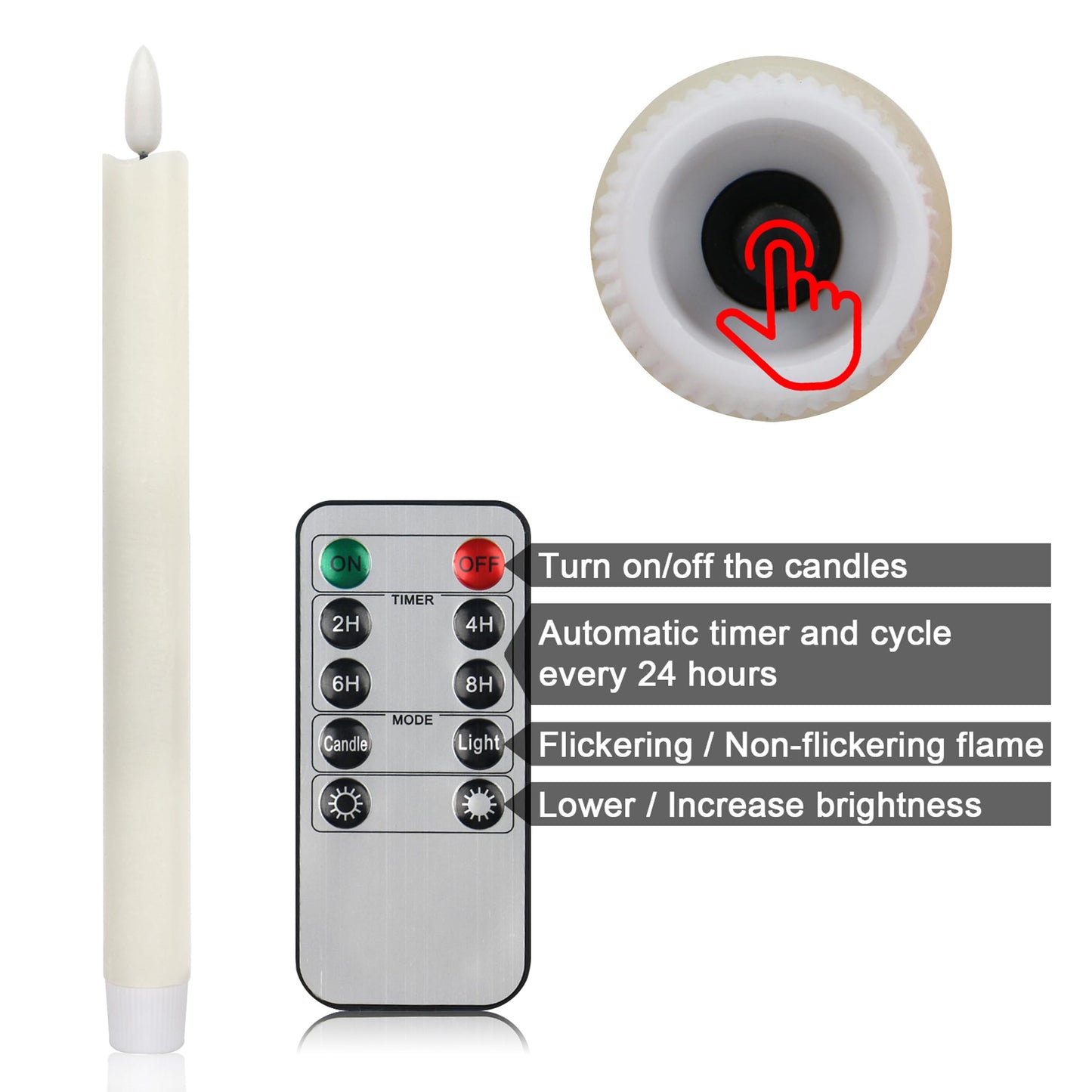 CVHOMEDECO. Real Wax Flameless Taper Candles with 10-Key Remote, Battery Operated Led Flickering 3D Wick Light Window Candles Home Christmas Party Decor 0.78 x 10 Inch, Pack of 3, Ivory