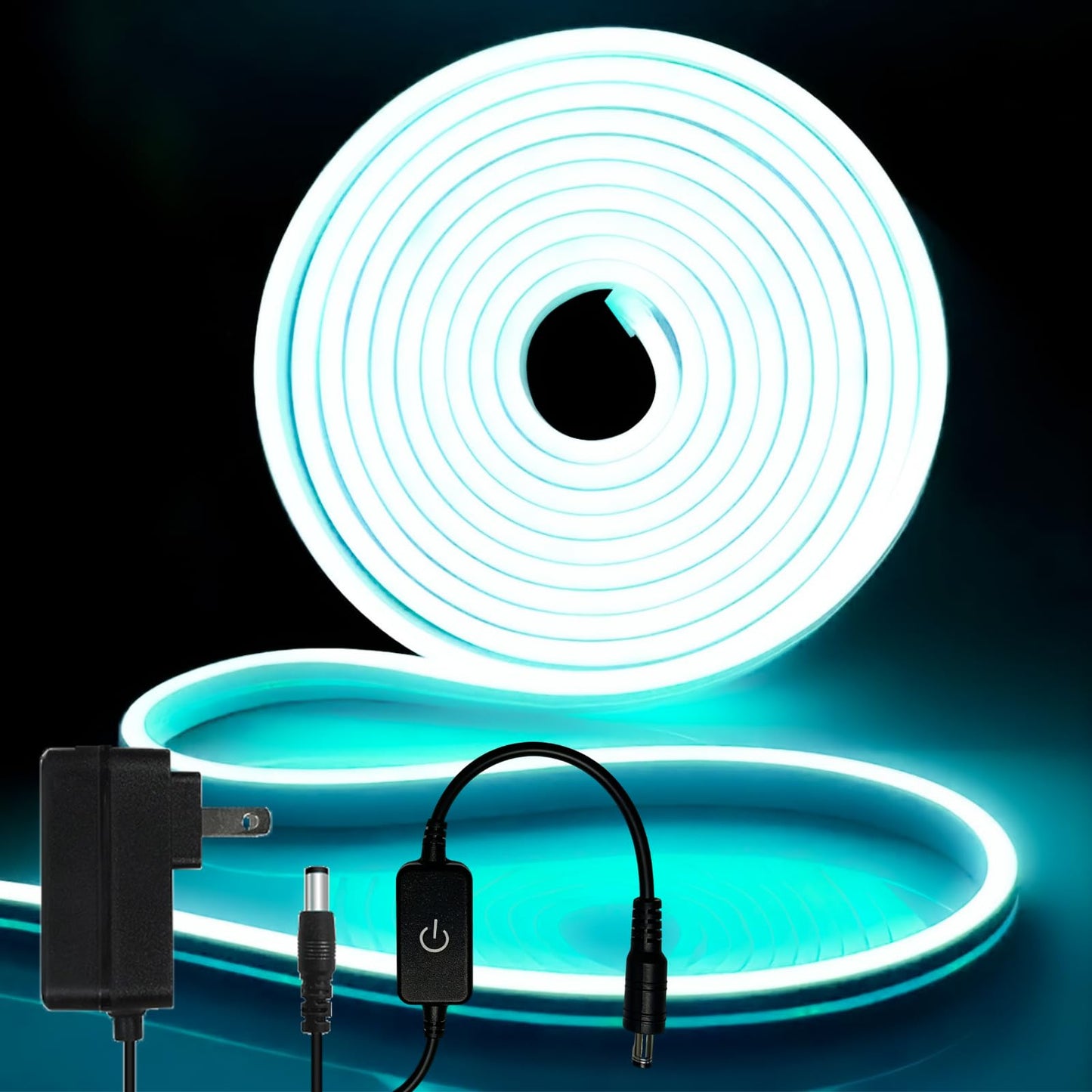 iNextStation 12V Ice Blue LED Strip Lights 16.4FT, Flexible Silicone Neon Rope Light with Power Adapter, Waterproof, Cuttable, Dimmable & Linkable, LED Lights Strip for Bedroom, Kitchen(with Plug)