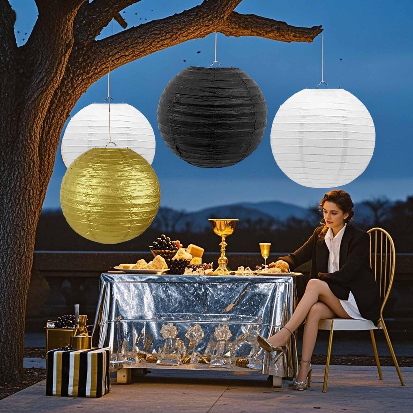 KUNYYI Black-Gold and White Paper Lanterns 12Pcs Hanging Lanterns for Birthday Party, Wedding, Home Decor, Baby Shower Festive Decoration