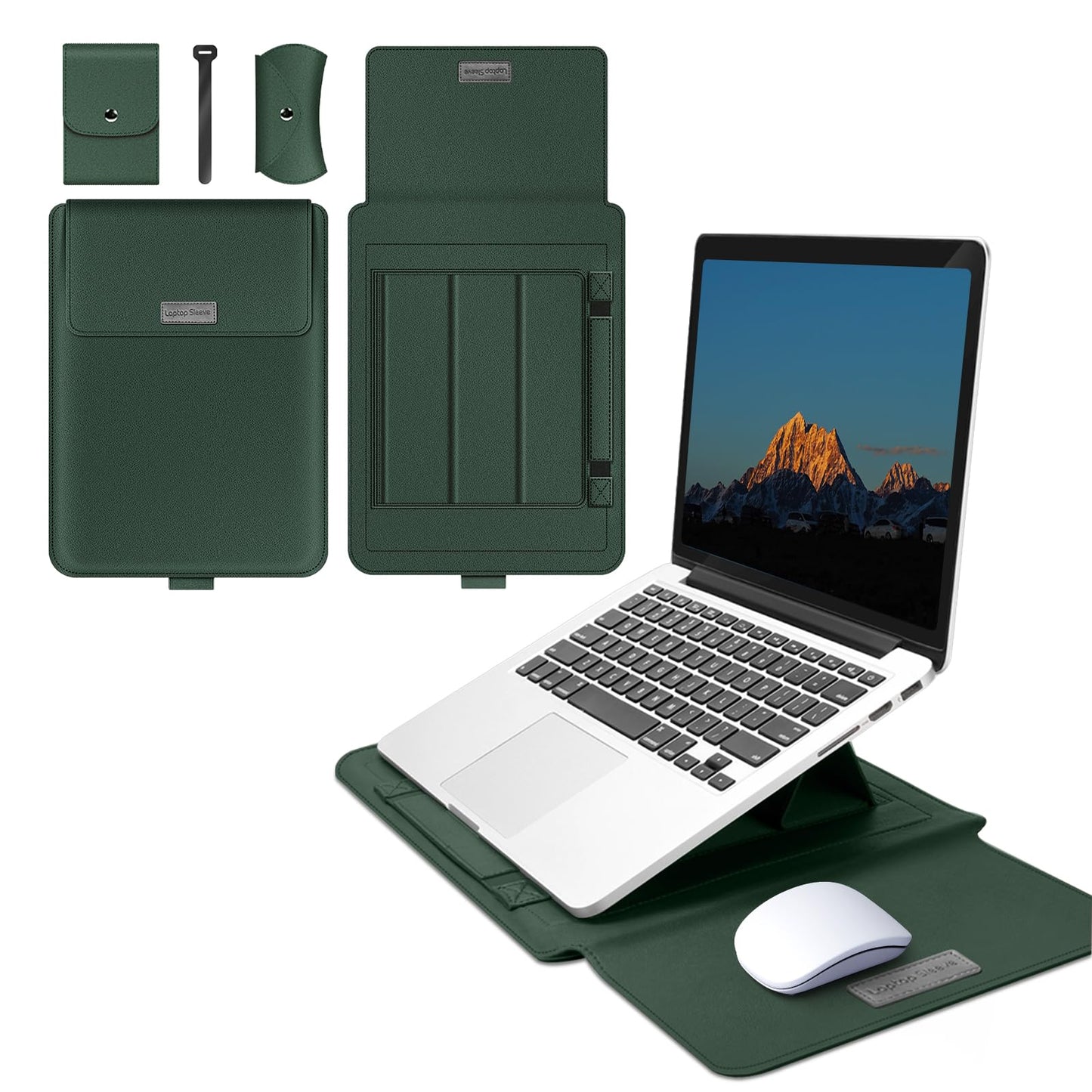MokaZii 13-14 inch Laptop Sleeve Protective Case for MacBook Air/Pro 13-14" M5/M4/M3/M2/M1 (Pro/Max), [3 in 1] PU Leather Laptop Waterproof Slim Cover with Stand and Mouse for MacBook - Dark green