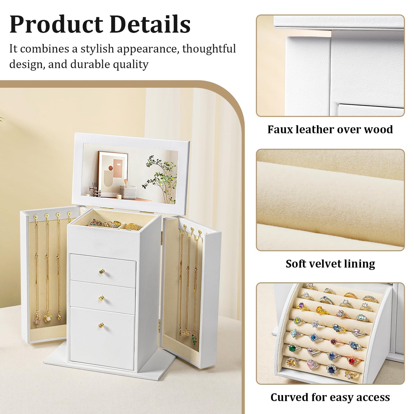 Emfogo Synthetic Leather Jewelry Box Organizer, Large Jewelry Boxes Storage with Mirror Velvet Interior, 4 Tier Jewlery Organizers for Women Girls Dedicated Slots for Ring Necklace (White)