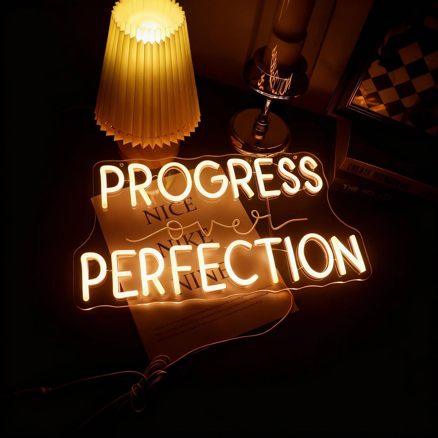 Progress Over Perfection Wall Hanging Neon Sign,Classroom Wall Decor Sign, Led Inspirational Office Decor Light, Teacher Gift, Decorative Neon Lights for Kids Room, Playroom Wall Decor (warm white)