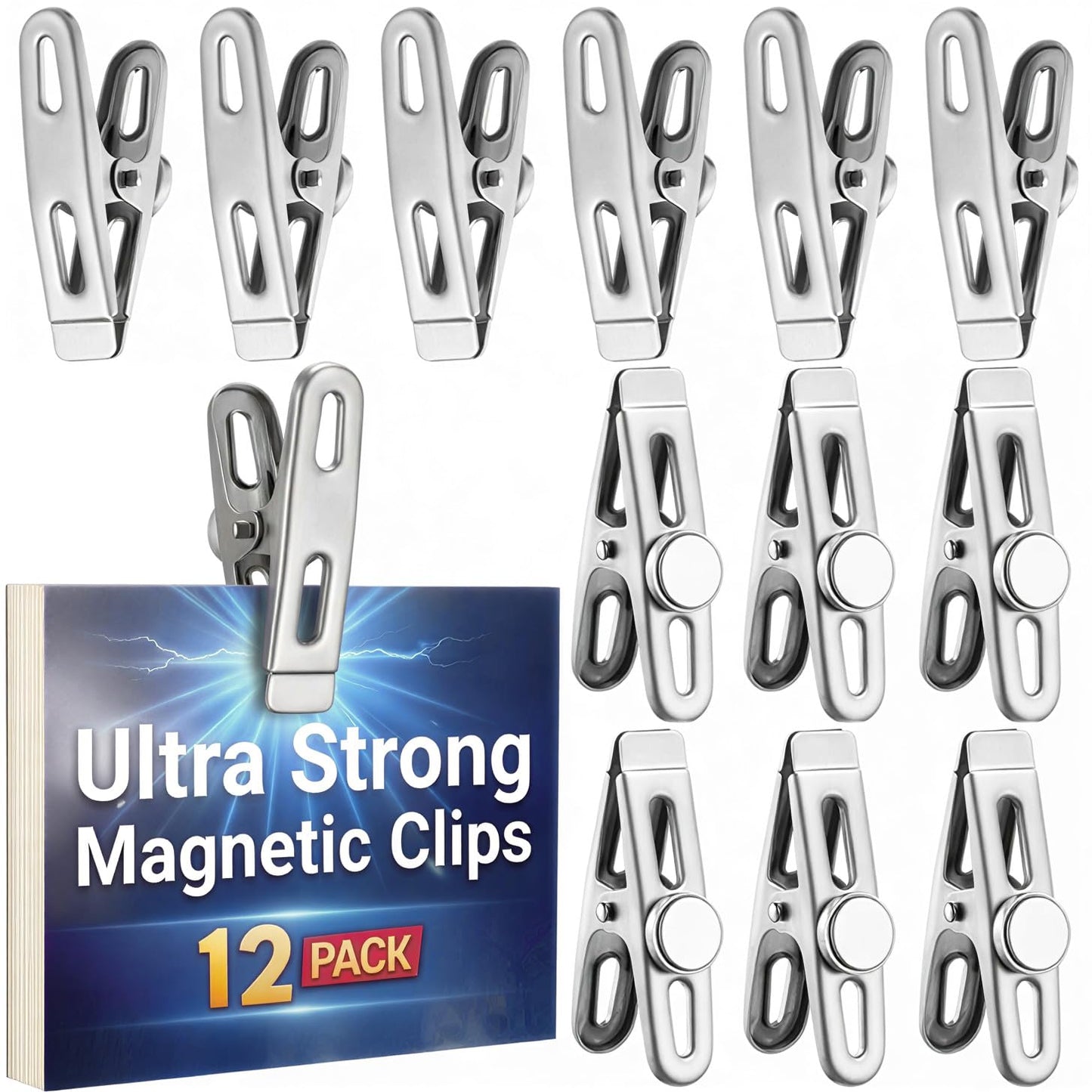 Magnetic Chip Bag Clips for Fridge, 12 Pack Heavy Duty Fridge Magnet with Strong Neodymium, Food Storage & Office Photo Calendar Holders