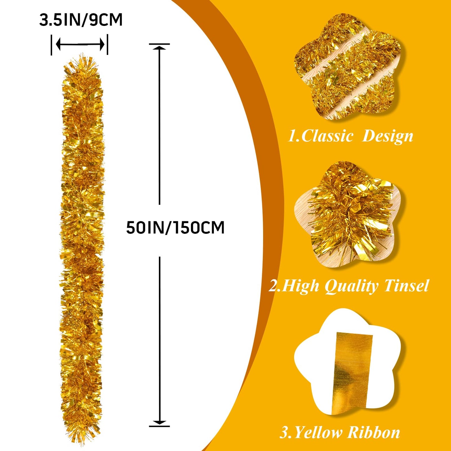 50Ft Gold Christmas Garland Decorations,Xams Tinsel Stems Non-Lit Soft Twist Garland Decor for Tree Stairs Railing Front Door Mantle Fireplace Indoor Outdoor Holiday Home