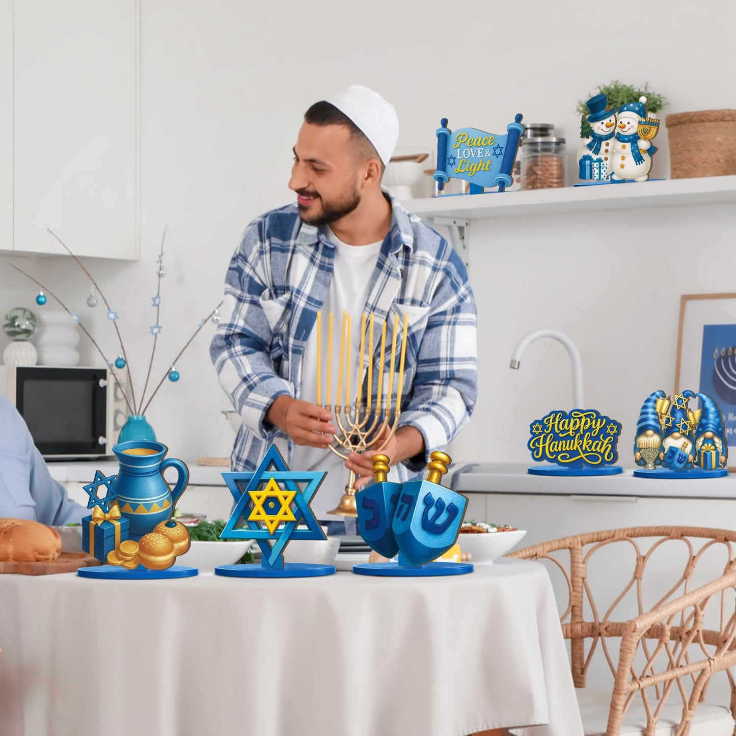 Realspring 12 Pcs Hanukkah Table Centerpieces Decor Chanukah Menorah Wooden Signs Star of David Table Topper Decor Hanukkah Centerpieces for Home Tray Office Desk Decorations