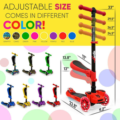 Serenelife Kids Scooter, 3 Wheel Scooter for Kids, Foldable Kick Scooter for Child & Toddlers Ages 3-12, Adjustable Height and LED Light Up Wheels