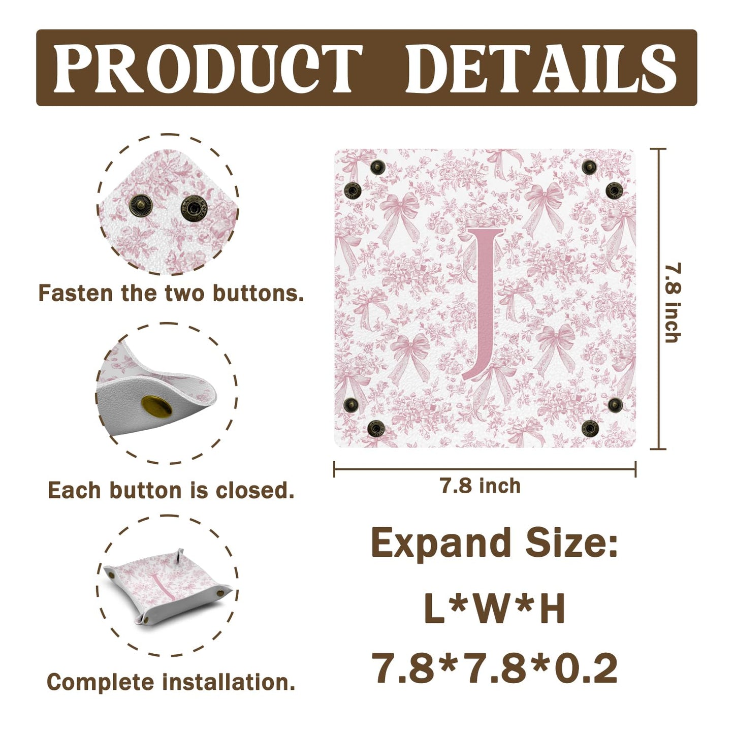 Dilemat Gifts for Women Initial Valet Tray,Pink Bow Personalized Gifts for Women Mom Grandma Girlfriend,Nightstand Desk Accessories PU Leather Tray Organizer for Birthday Christmas Gift Ideas (J)