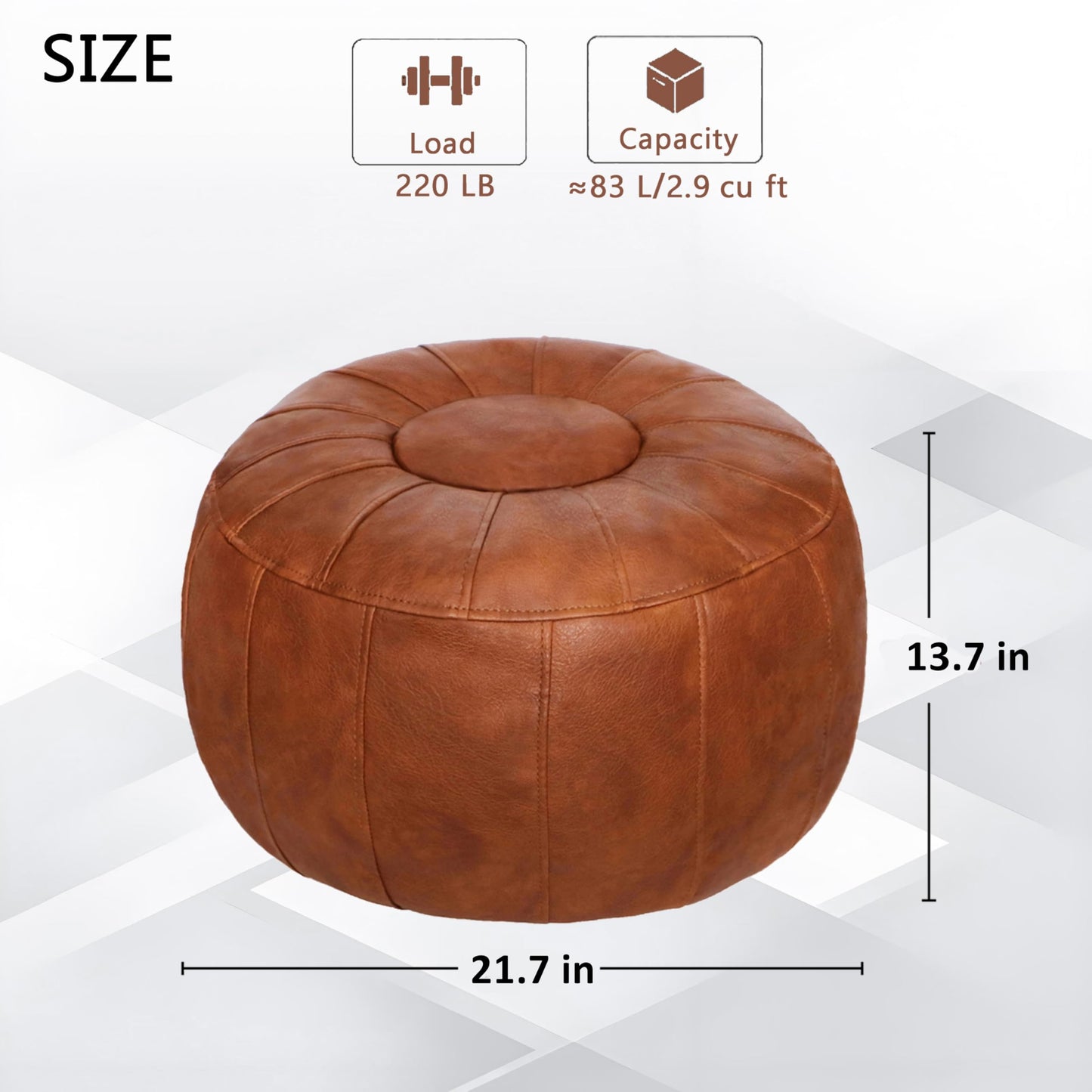 Thgonwid Unstuffed Moroccan Storage Pouf Foot Stool Ottoman Seat Handmade Faux Leather Bean Bag Floor Chair Foot Rest for Living Room, Bedroom or Balcony (Light Brown)