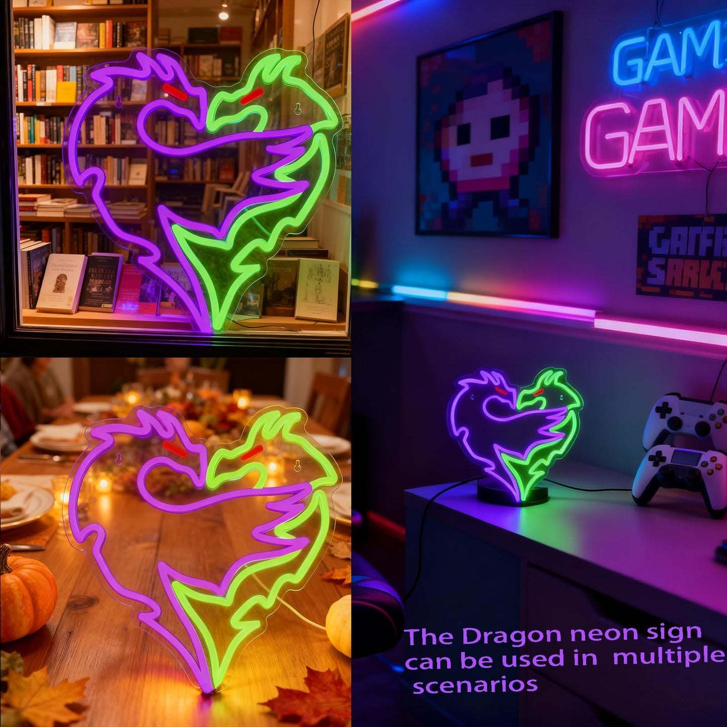 Mvorixa Dragon Neon Sign – Dimmable Purple & Green LED Dragons Embrace Lights, Cool Neon Wall Light for Gaming Room, Bar, Man Cave & Fantasy Bedroom Decor (12.95×14.37 in)